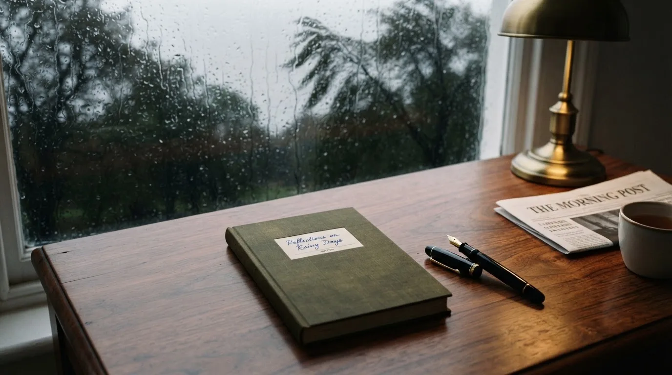 Ein Schreibtisch mit Füllfeder und geschlossenem Notizbuch vor einem Fenster an einem regnerischen Tag, ohne lesbaren Text.