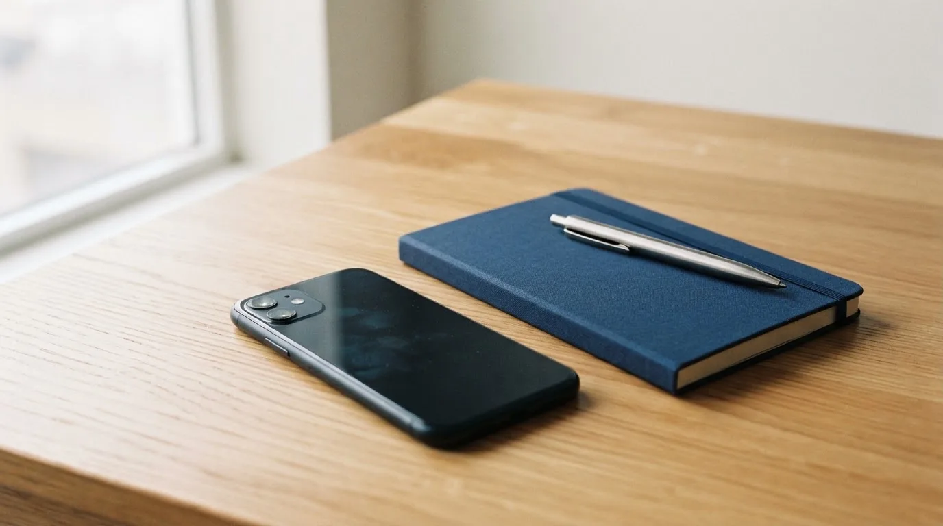 Ein Smartphone mit dunklem Display liegt auf einem Holztisch neben einem Notizblock und einem Stift, Tageslicht von links.