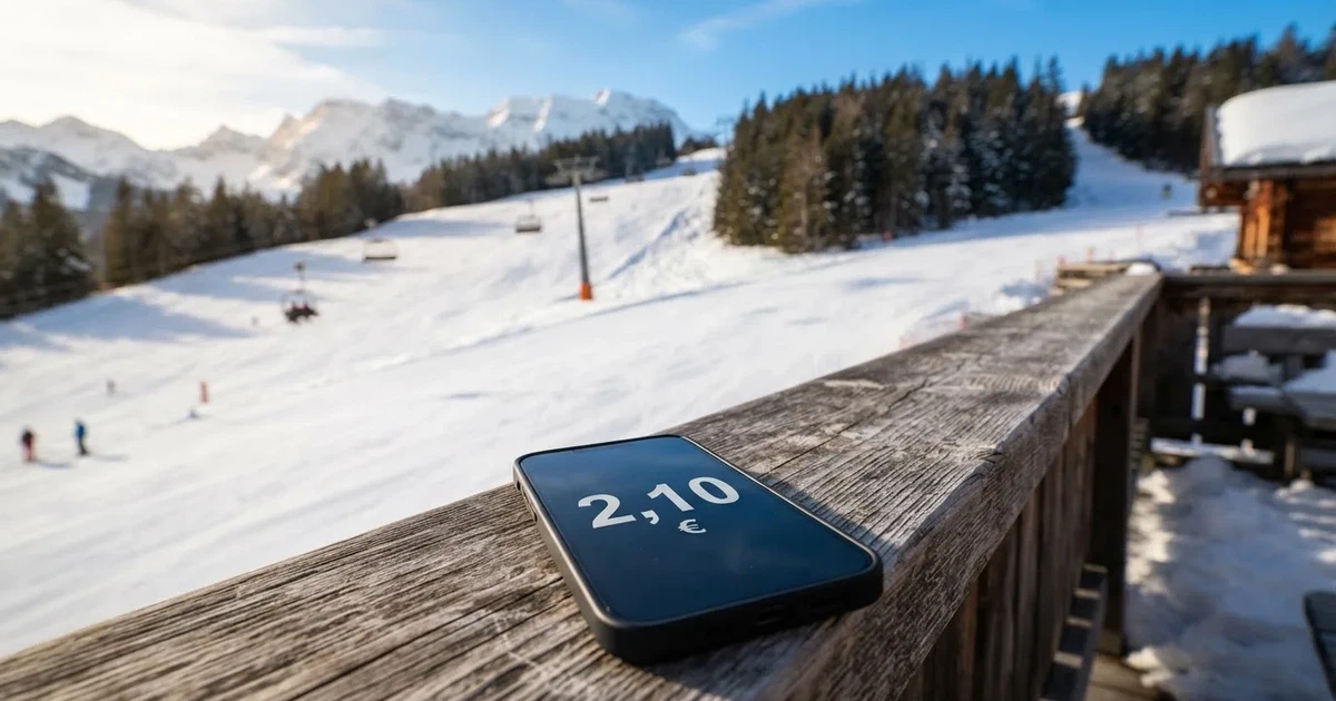 Ein verschneiter Skihang im Winterlicht mit einer leeren Liftspur, im Hintergrund Nadelwald und klarer Himmel, keine Personen.
