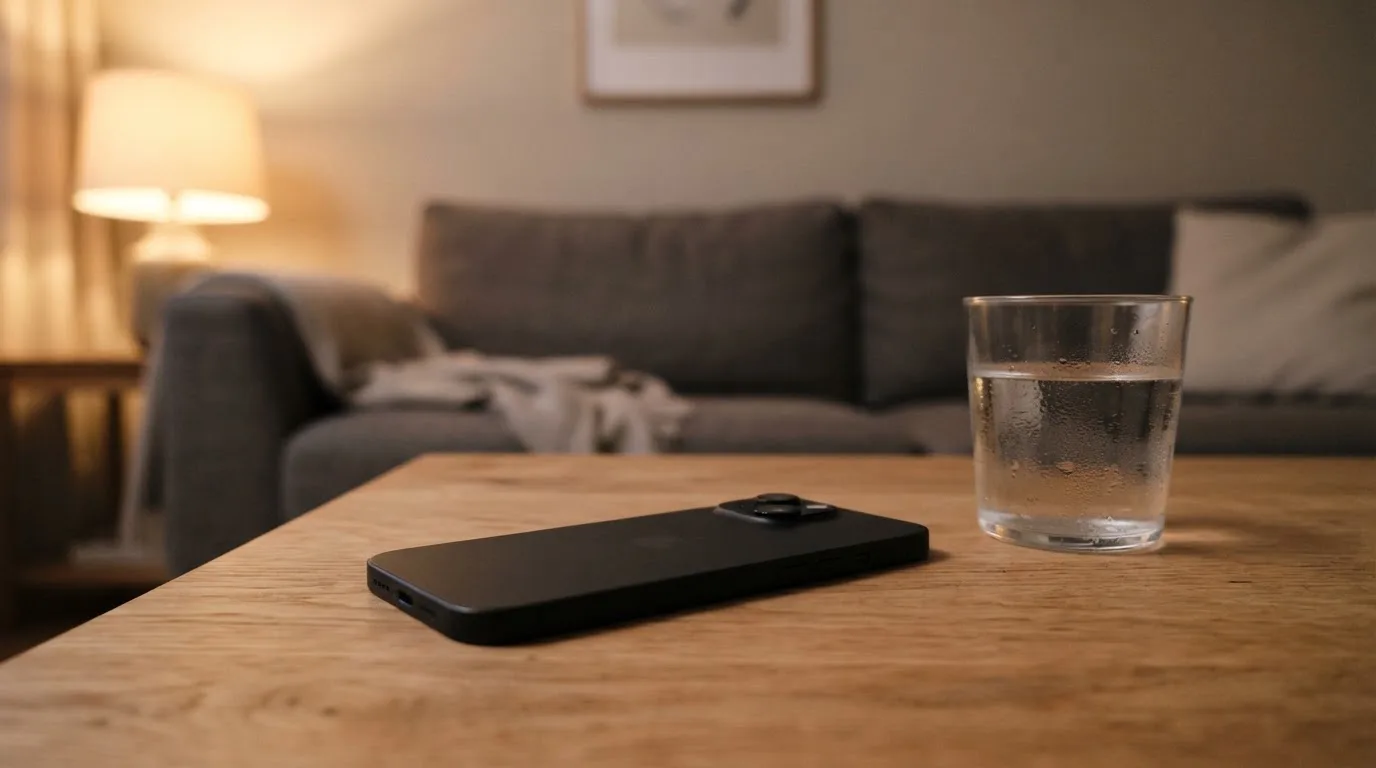 Ein Smartphone liegt mit dem Display nach unten auf einem Holztisch neben einem Glas Wasser, ruhige Abendstimmung in einem Wohnzimmer.
